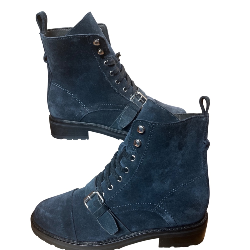 AllSaints Donita Combat Boots Women 10 Navy Blue Good Suede Lace Up Buckle Zip